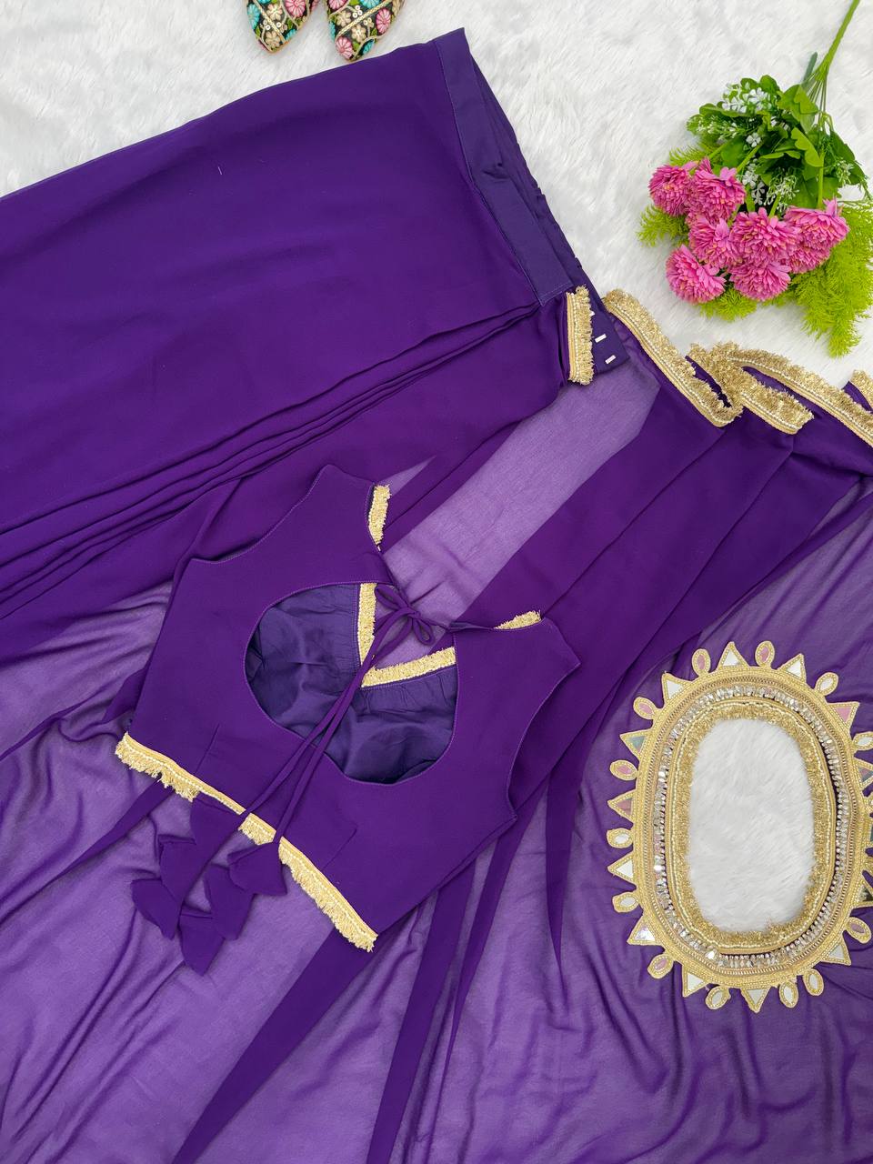 Purple Georgette Ready-to-Wear Saree with Stitched Blouse