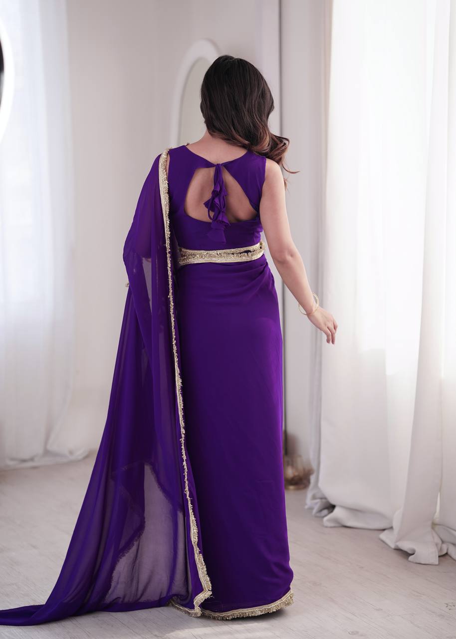 Purple Georgette Ready-to-Wear Saree with Stitched Blouse