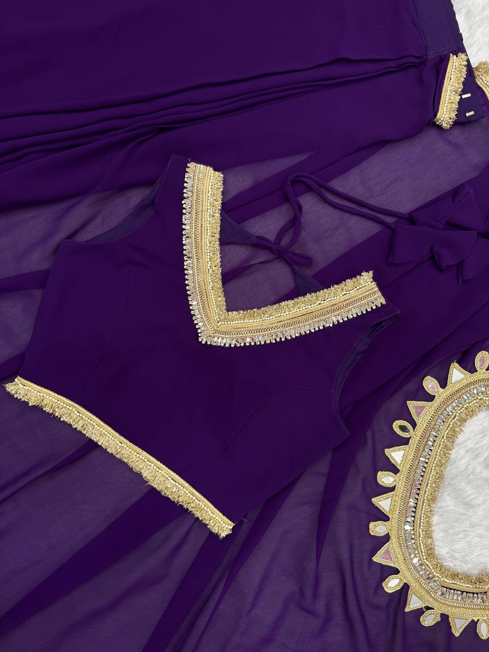 Purple Georgette Ready-to-Wear Saree with Stitched Blouse