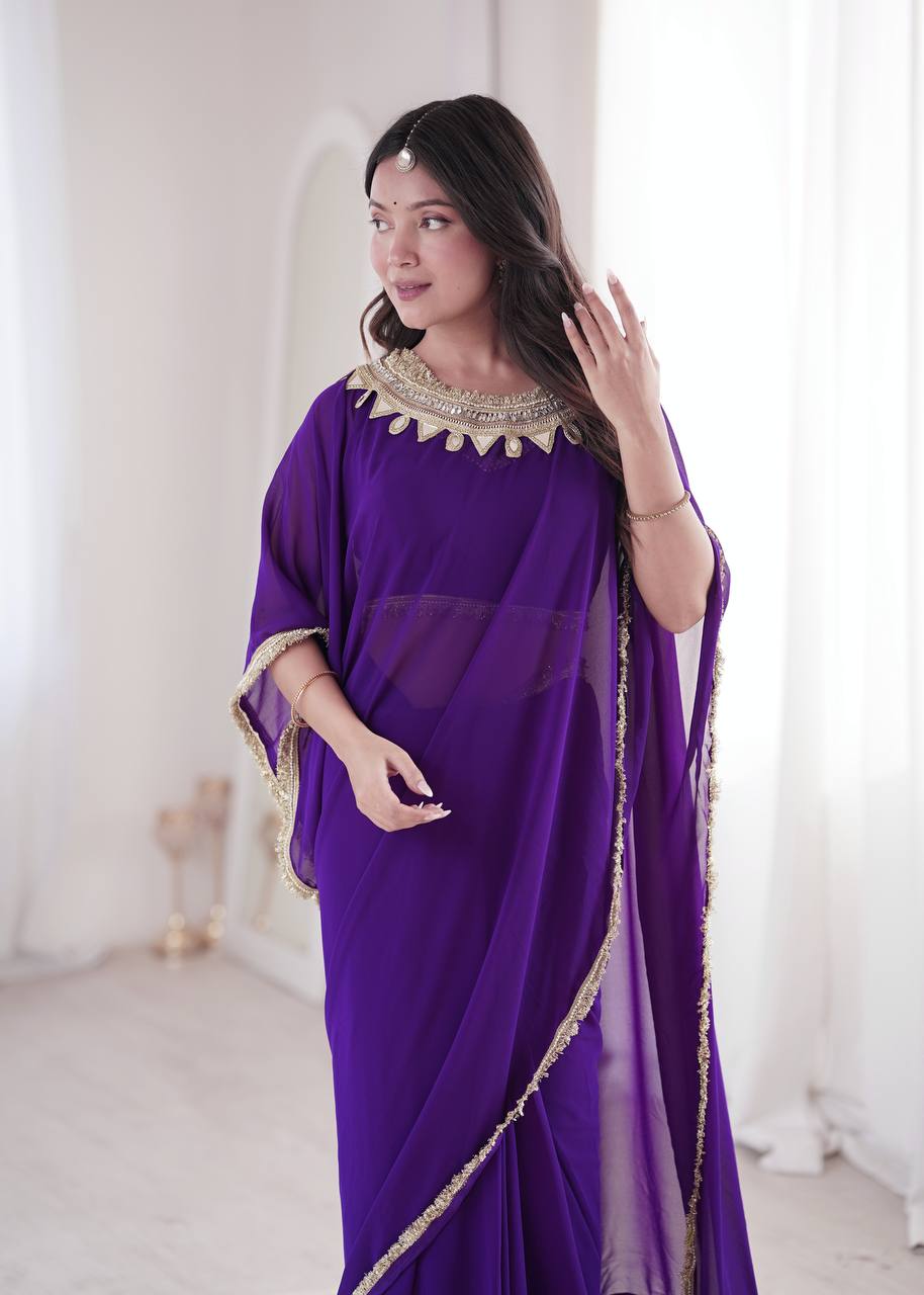Purple Georgette Ready-to-Wear Saree with Stitched Blouse