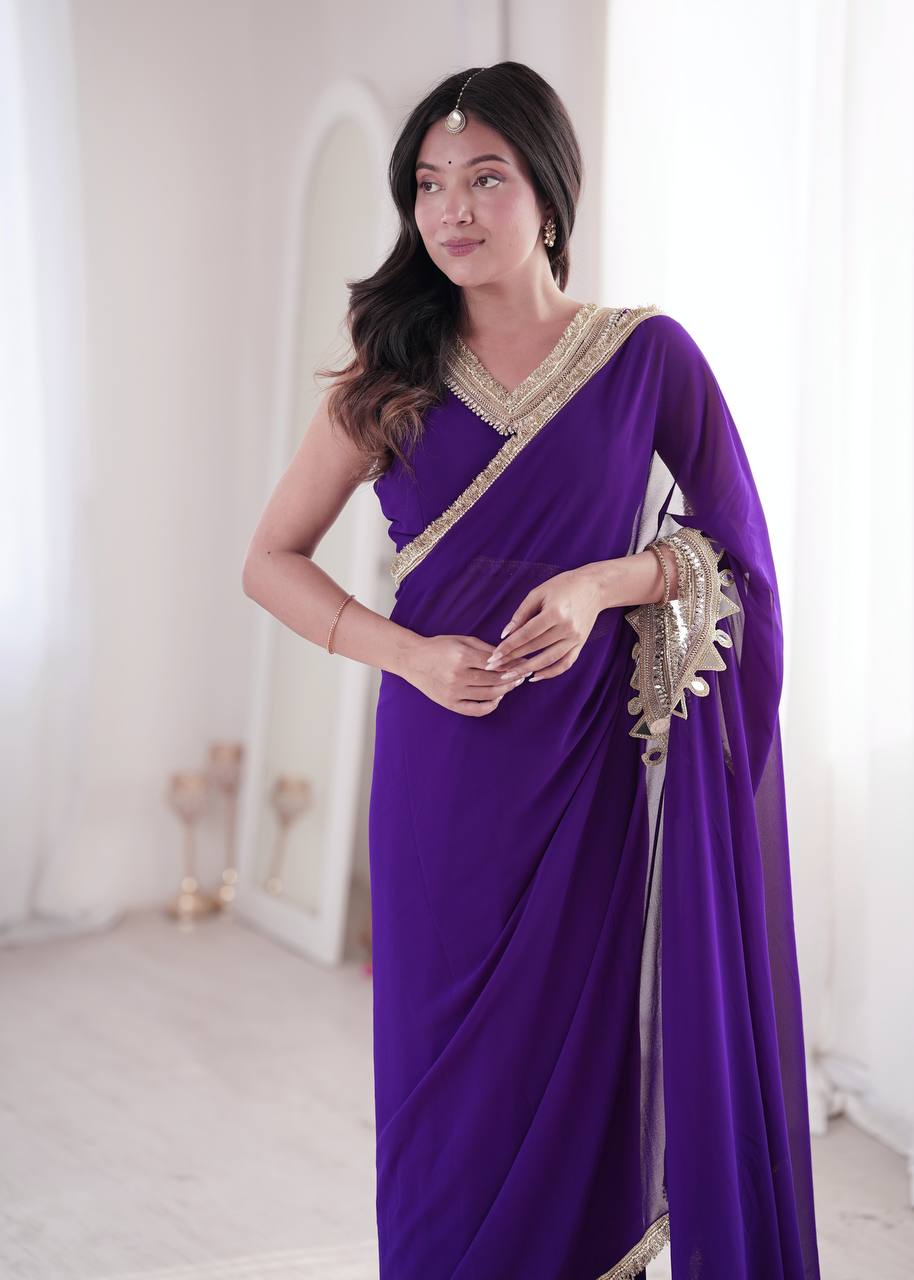 Purple Georgette Ready-to-Wear Saree with Stitched Blouse
