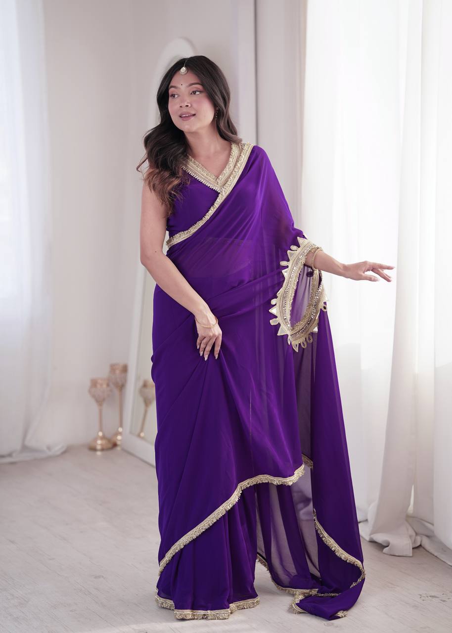 Purple Georgette Ready-to-Wear Saree with Stitched Blouse