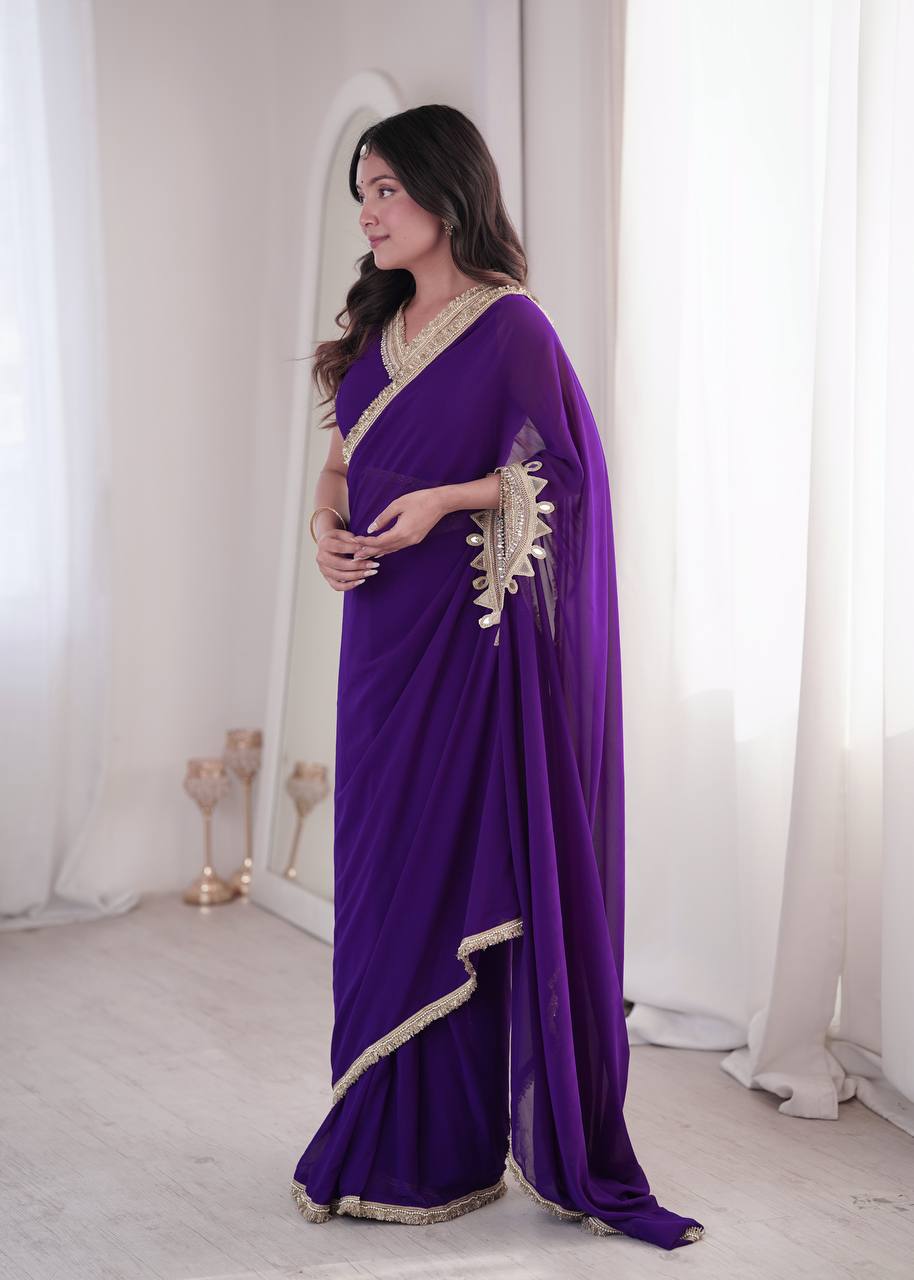 Purple Georgette Ready-to-Wear Saree with Stitched Blouse