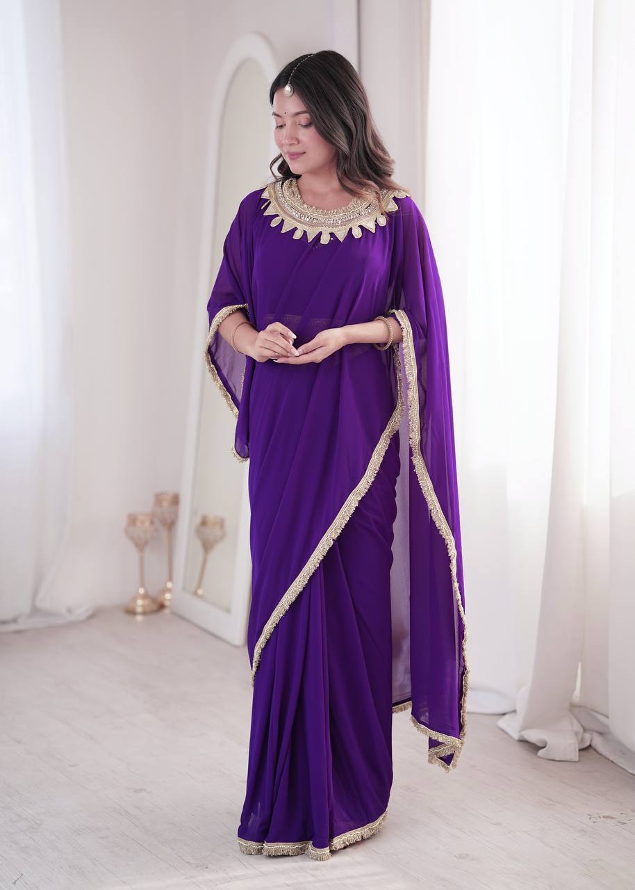 Purple Georgette Ready-to-Wear Saree with Stitched Blouse