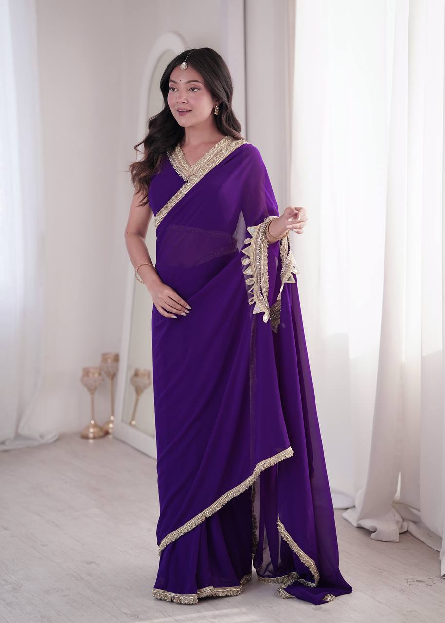 Purple Georgette Ready-to-Wear Saree with Stitched Blouse