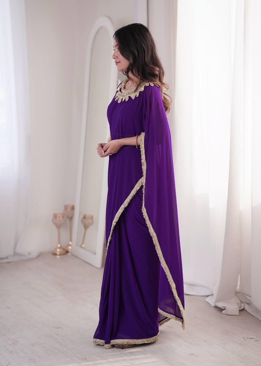 Purple Georgette Ready-to-Wear Saree with Stitched Blouse