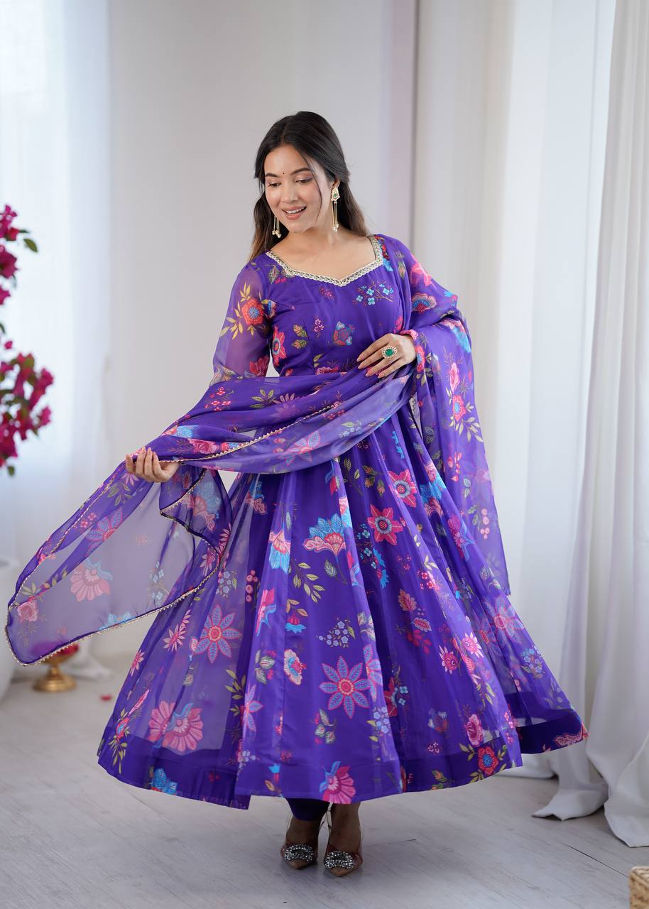 Purple Sunkissed Floral Print Organza Gown with Dupatta and Pant