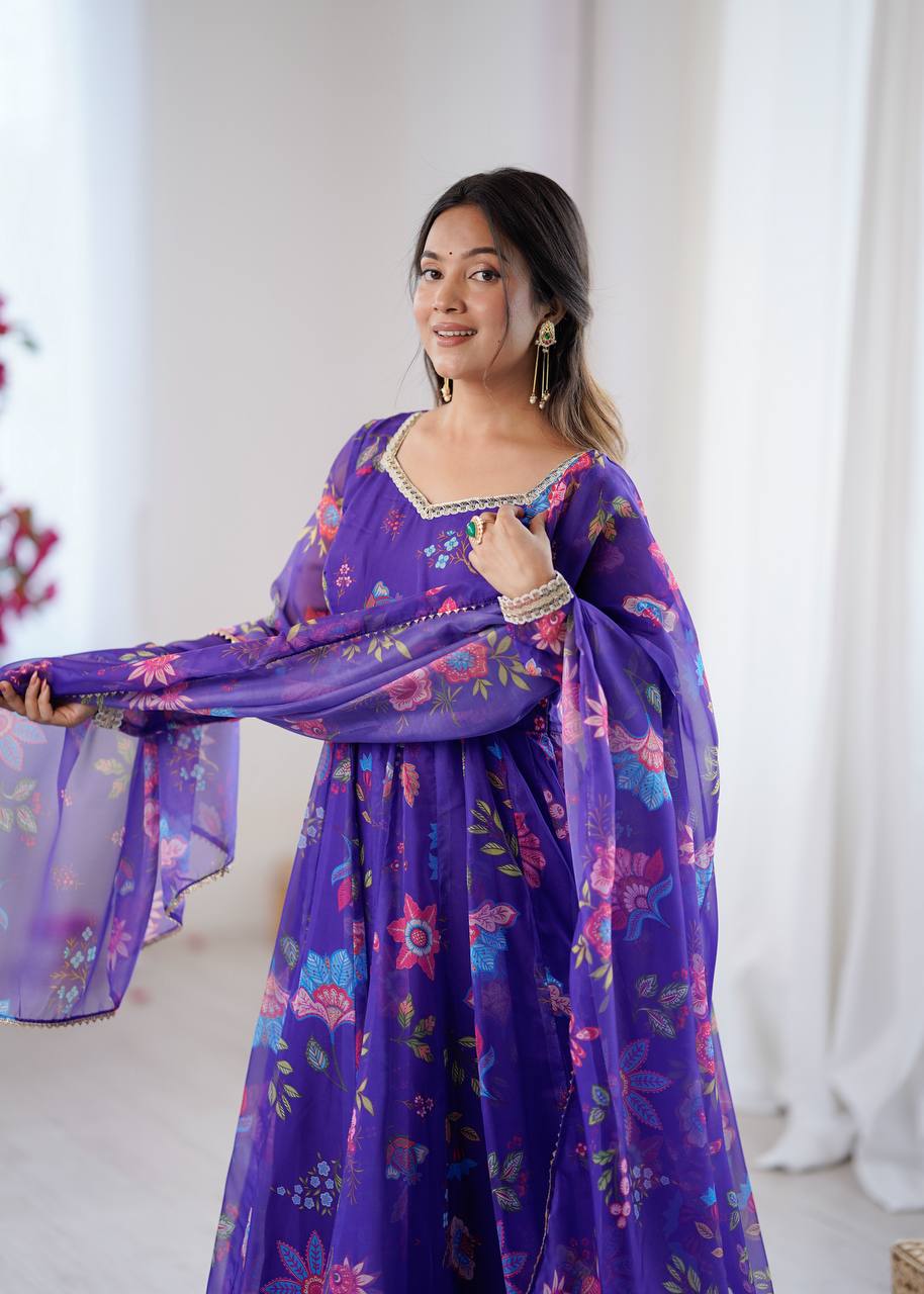 Purple Sunkissed Floral Print Organza Gown with Dupatta and Pant