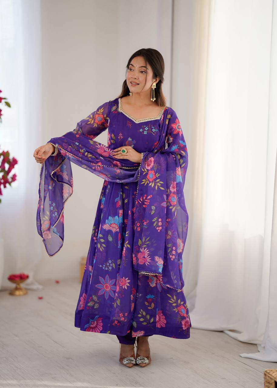 Purple Sunkissed Floral Print Organza Gown with Dupatta and Pant