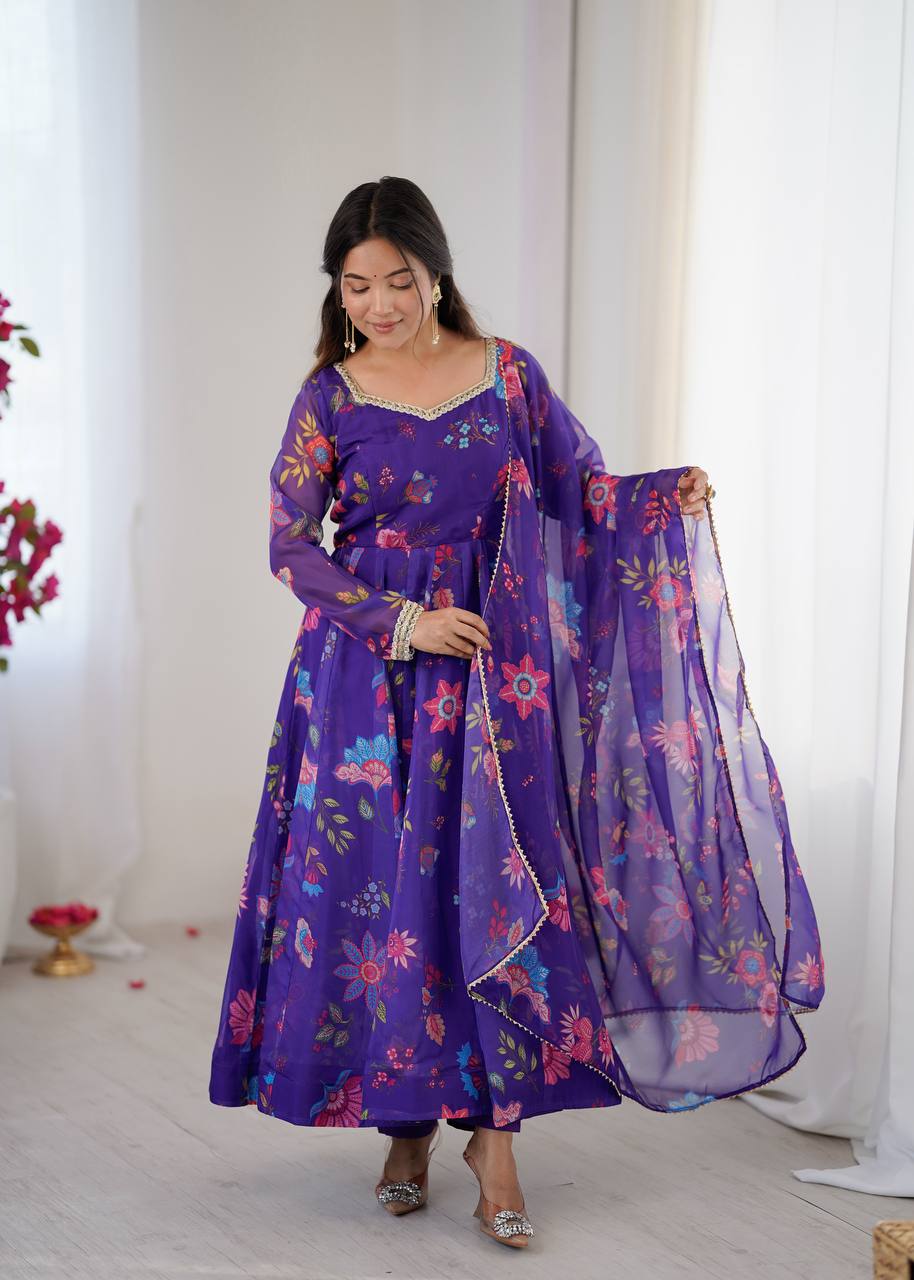 Purple Sunkissed Floral Print Organza Gown with Dupatta and Pant