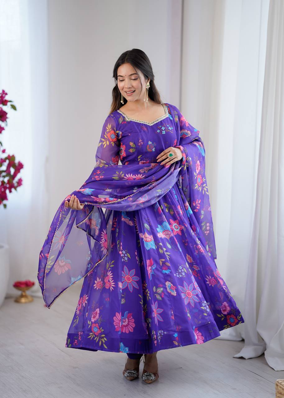 Purple Sunkissed Floral Print Organza Gown with Dupatta and Pant