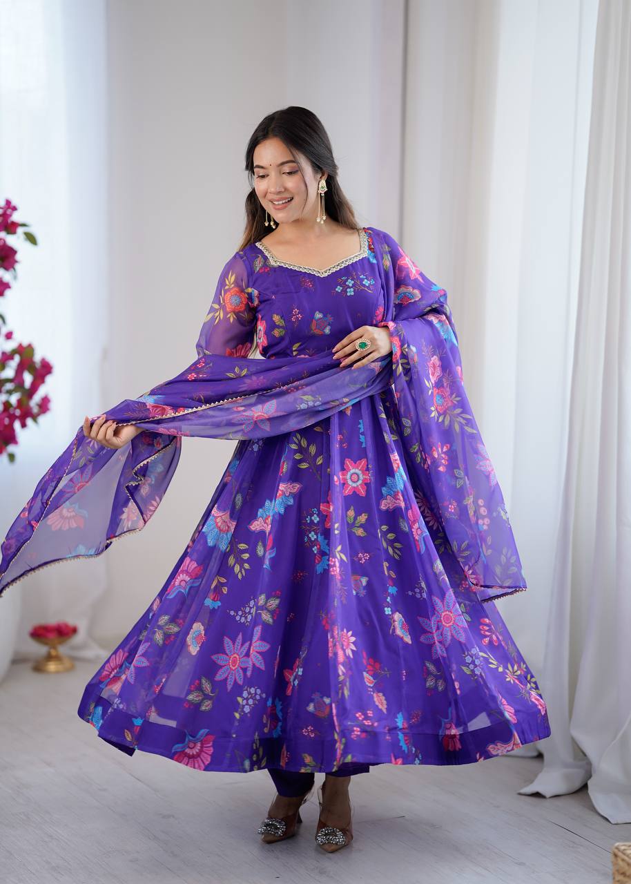 Purple Sunkissed Floral Print Organza Gown with Dupatta and Pant