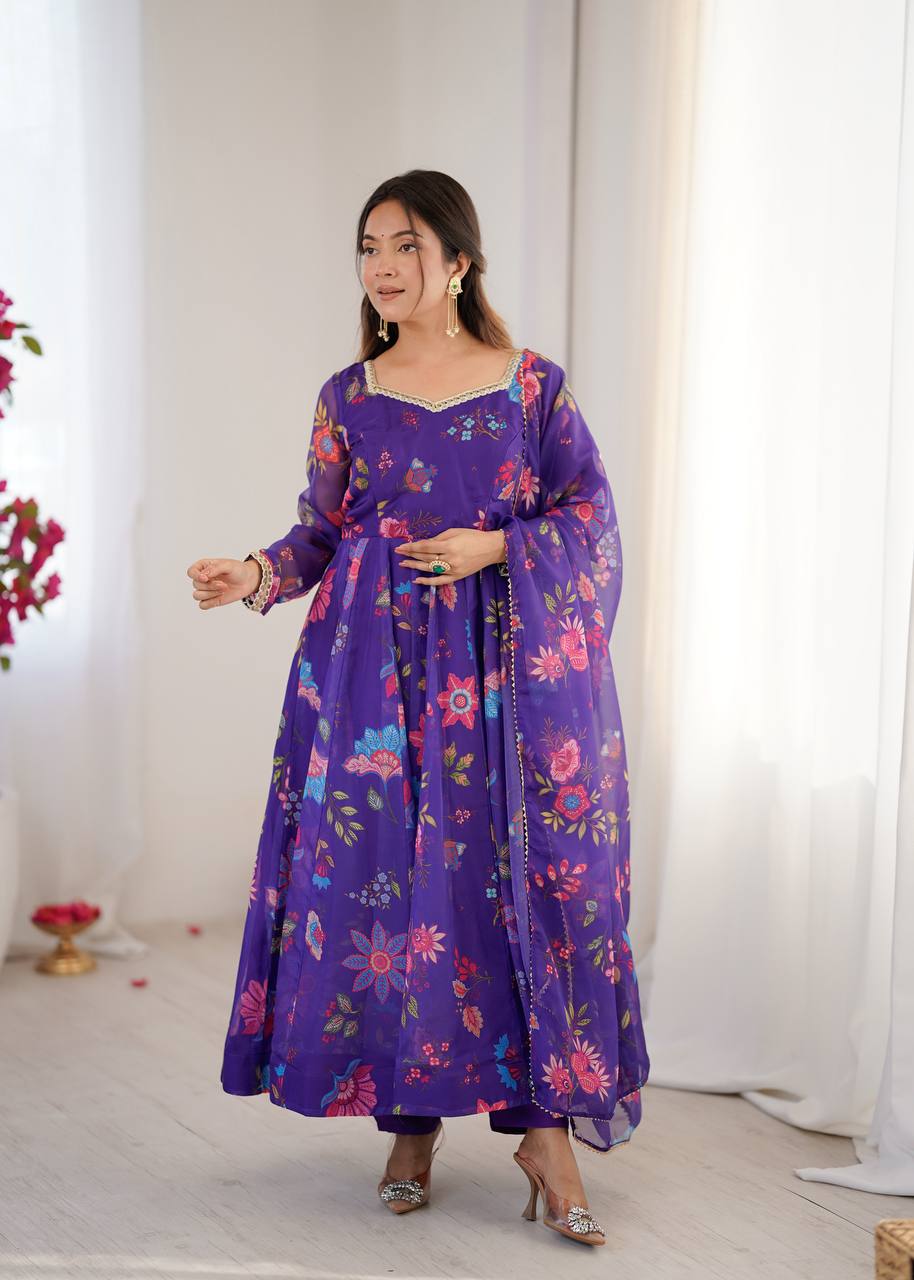 Purple Sunkissed Floral Print Organza Gown with Dupatta and Pant