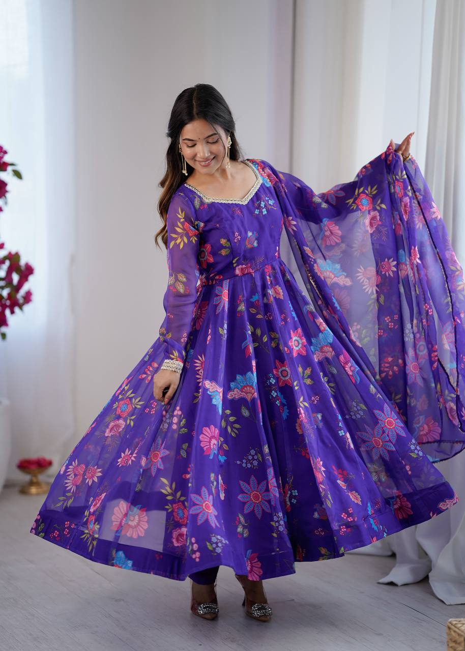 Purple Sunkissed Floral Print Organza Gown with Dupatta and Pant