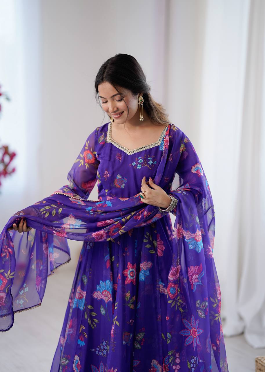 Purple Sunkissed Floral Print Organza Gown with Dupatta and Pant