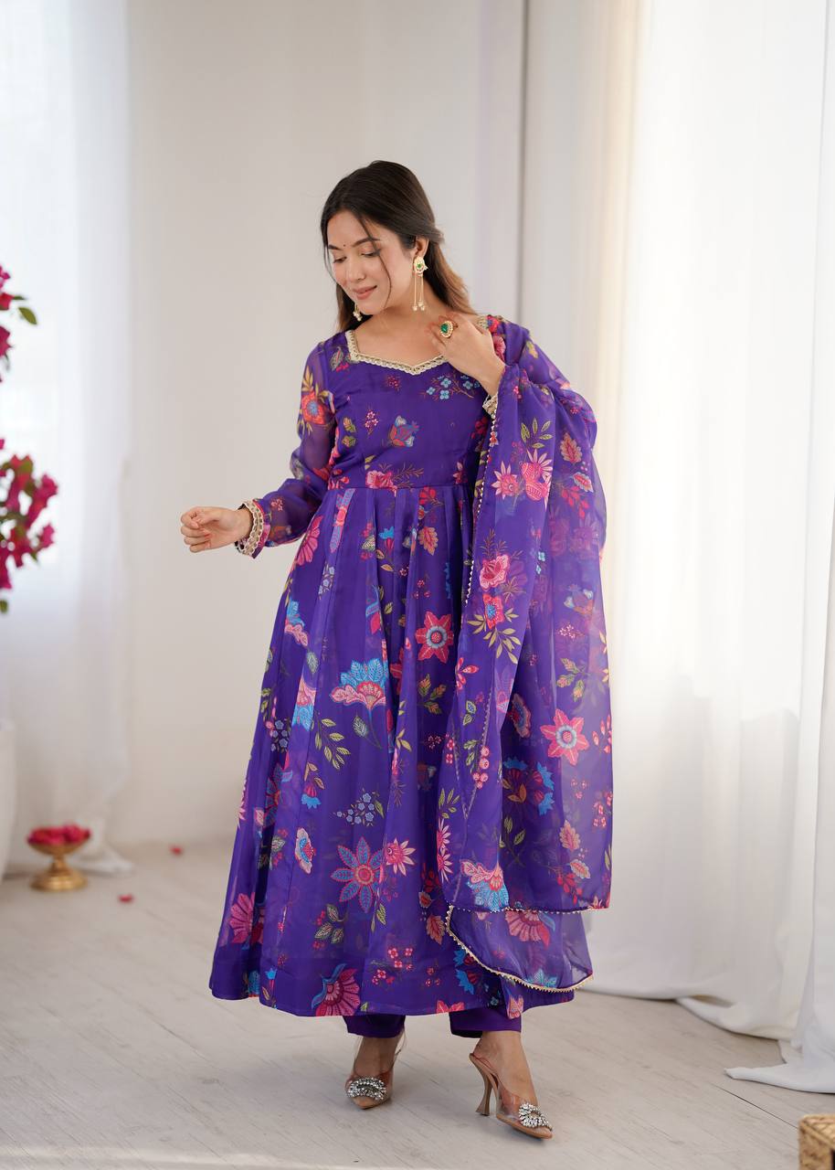 Purple Sunkissed Floral Print Organza Gown with Dupatta and Pant