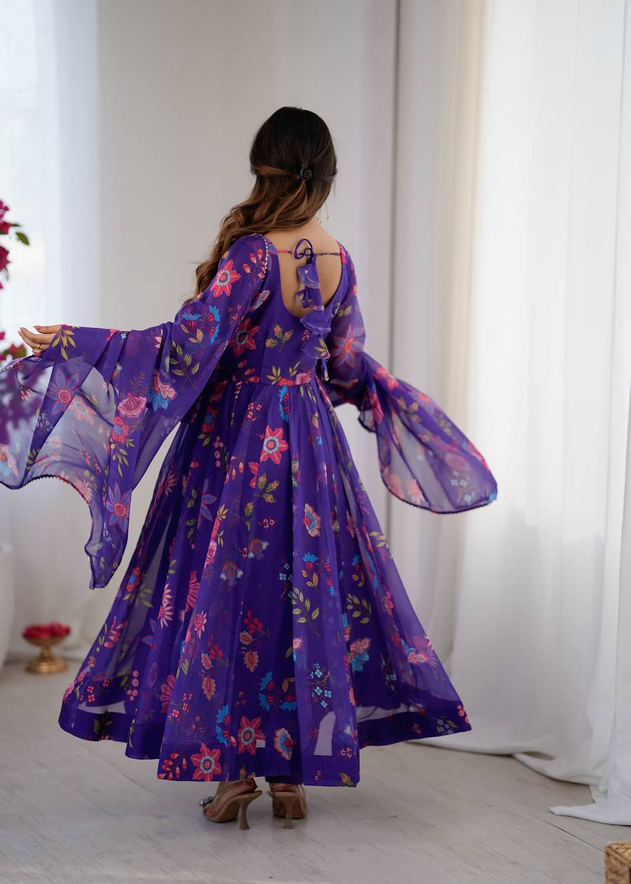 Purple Sunkissed Floral Print Organza Gown with Dupatta and Pant