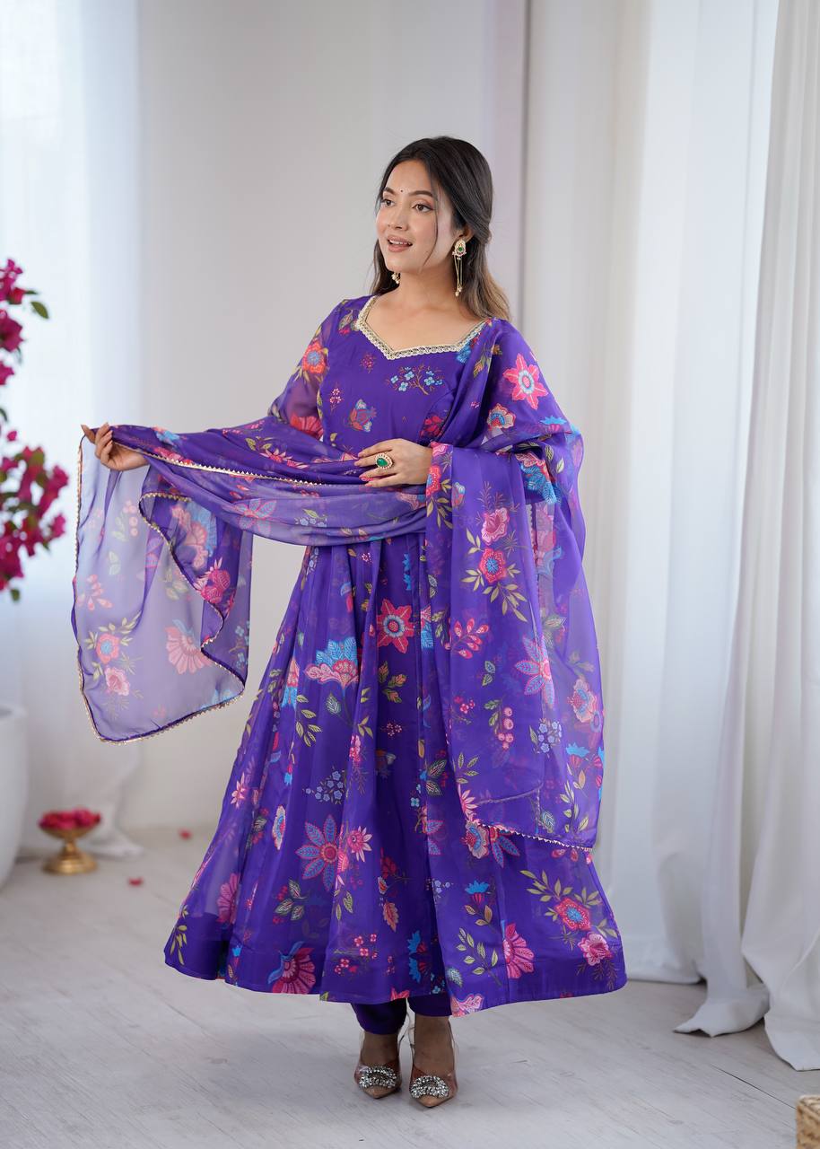 Purple Sunkissed Floral Print Organza Gown with Dupatta and Pant