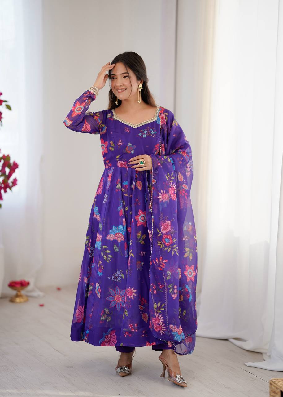 Purple Sunkissed Floral Print Organza Gown with Dupatta and Pant
