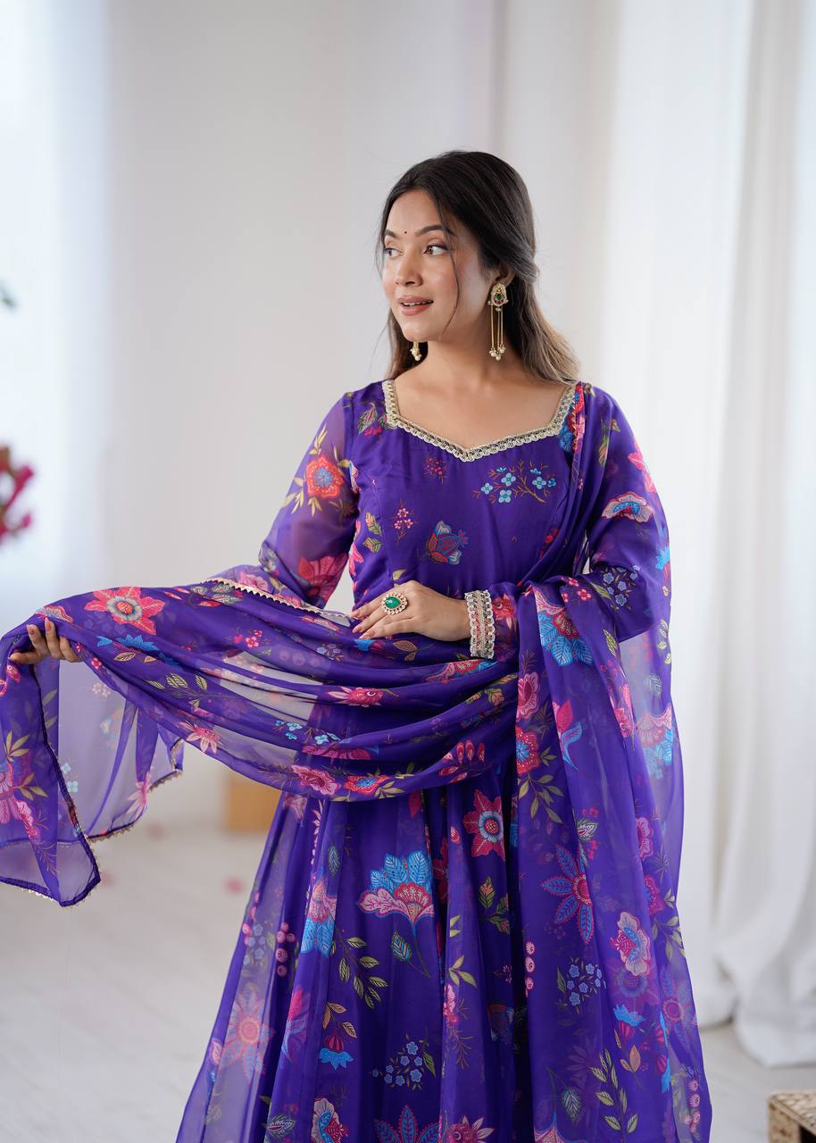 Purple Sunkissed Floral Print Organza Gown with Dupatta and Pant
