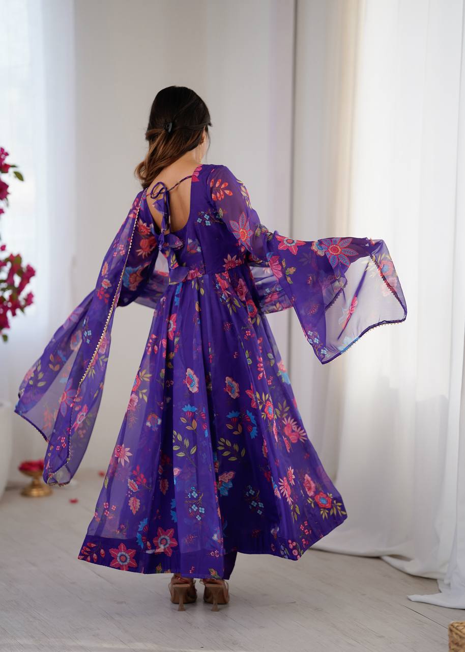 Purple Sunkissed Floral Print Organza Gown with Dupatta and Pant