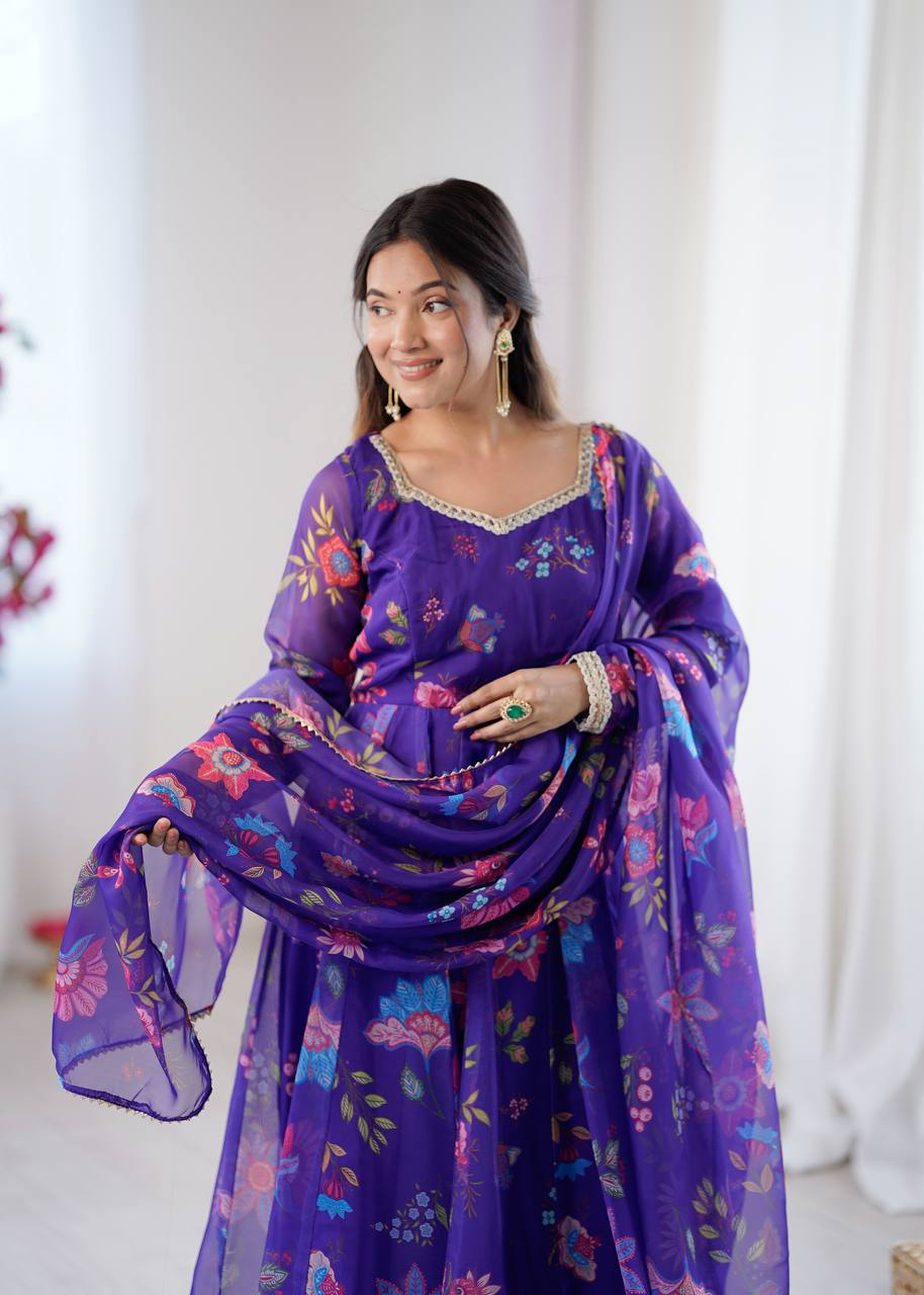 Purple Sunkissed Floral Print Organza Gown with Dupatta and Pant