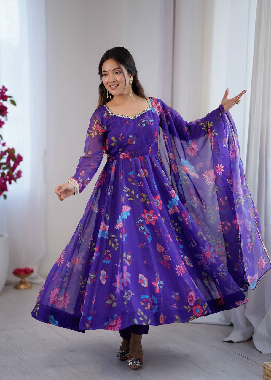 Purple Sunkissed Floral Print Organza Gown with Dupatta and Pant