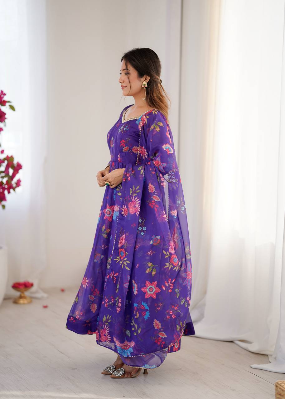 Purple Sunkissed Floral Print Organza Gown with Dupatta and Pant