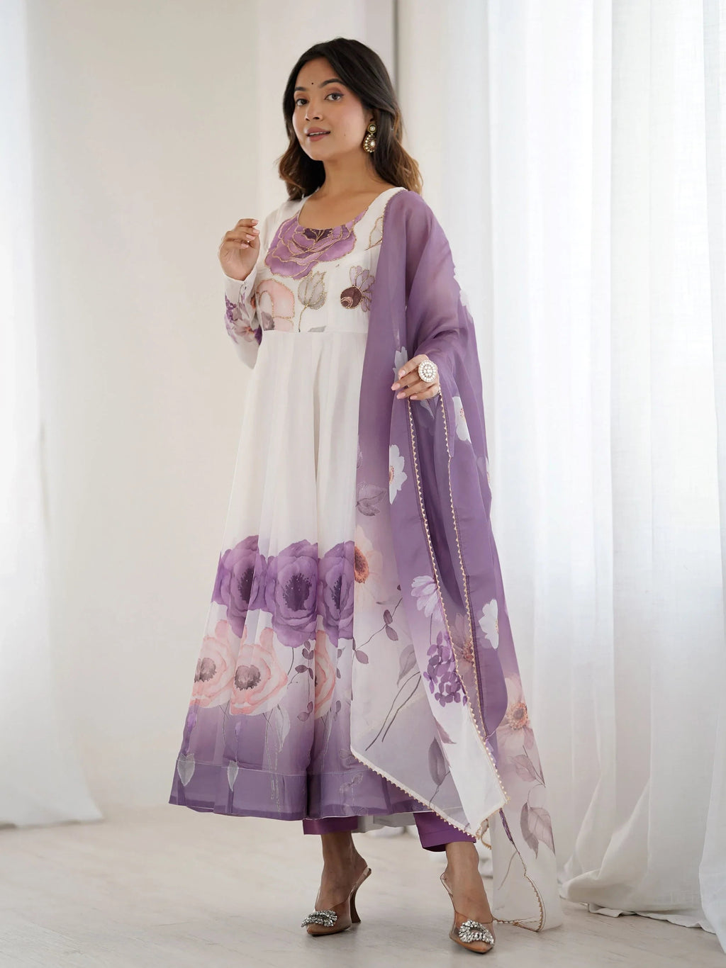 Purple Alluring Organza Floral Printed Festival Wear Anarkali Suit