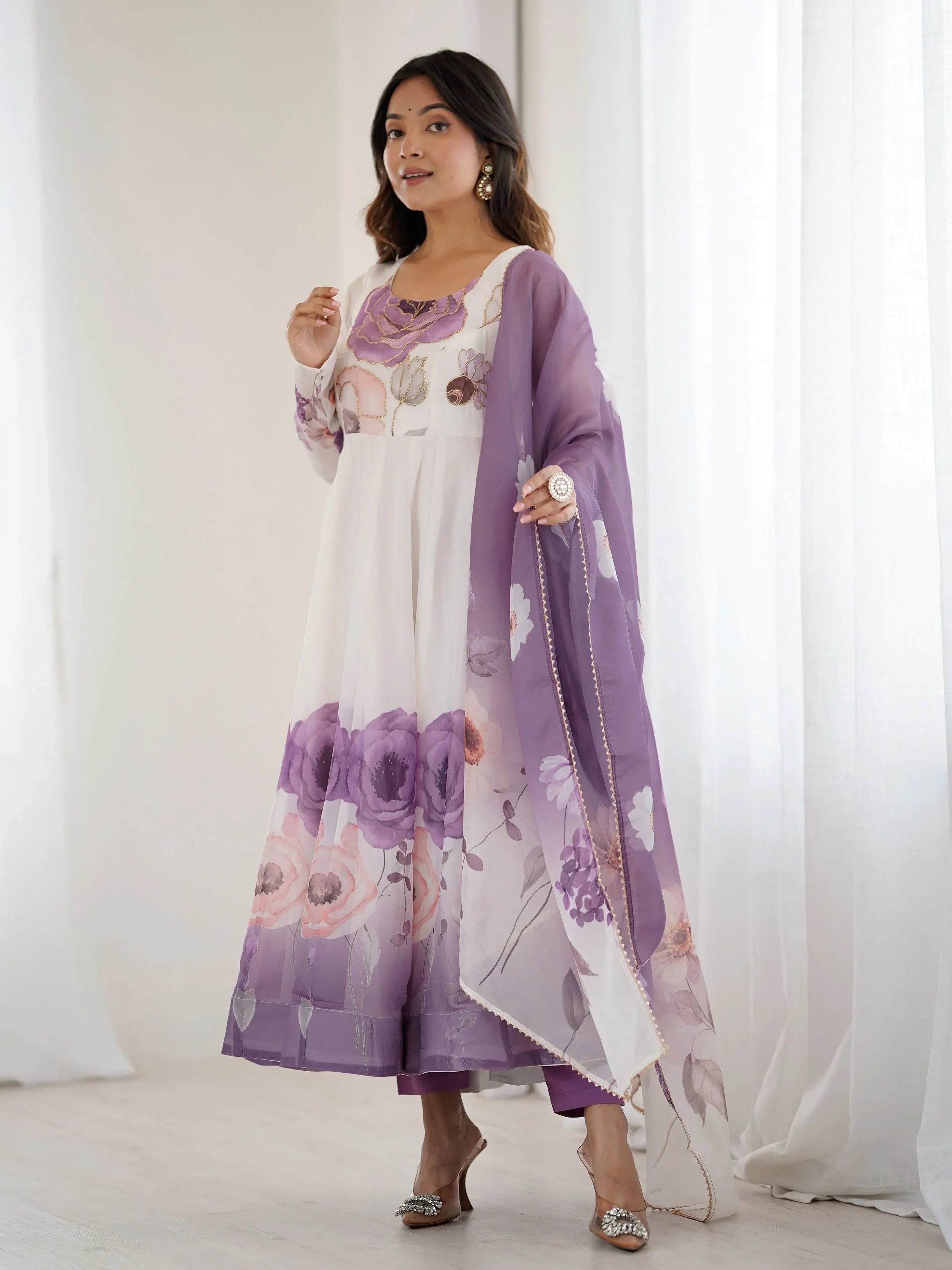 Purple Alluring Organza Floral Printed Festival Wear Anarkali Suit