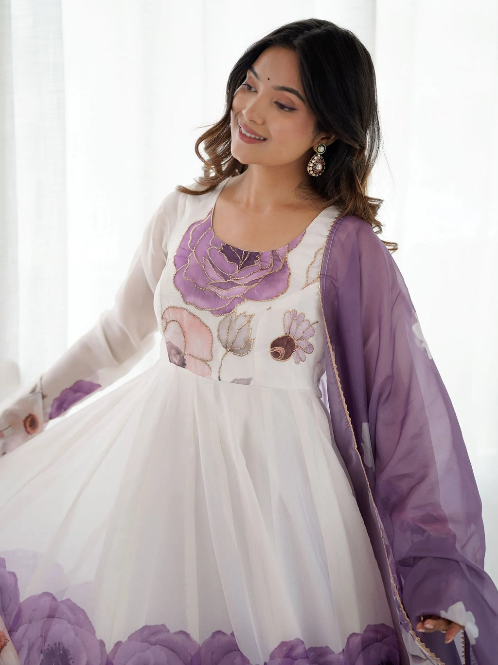Purple Alluring Organza Floral Printed Festival Wear Anarkali Suit