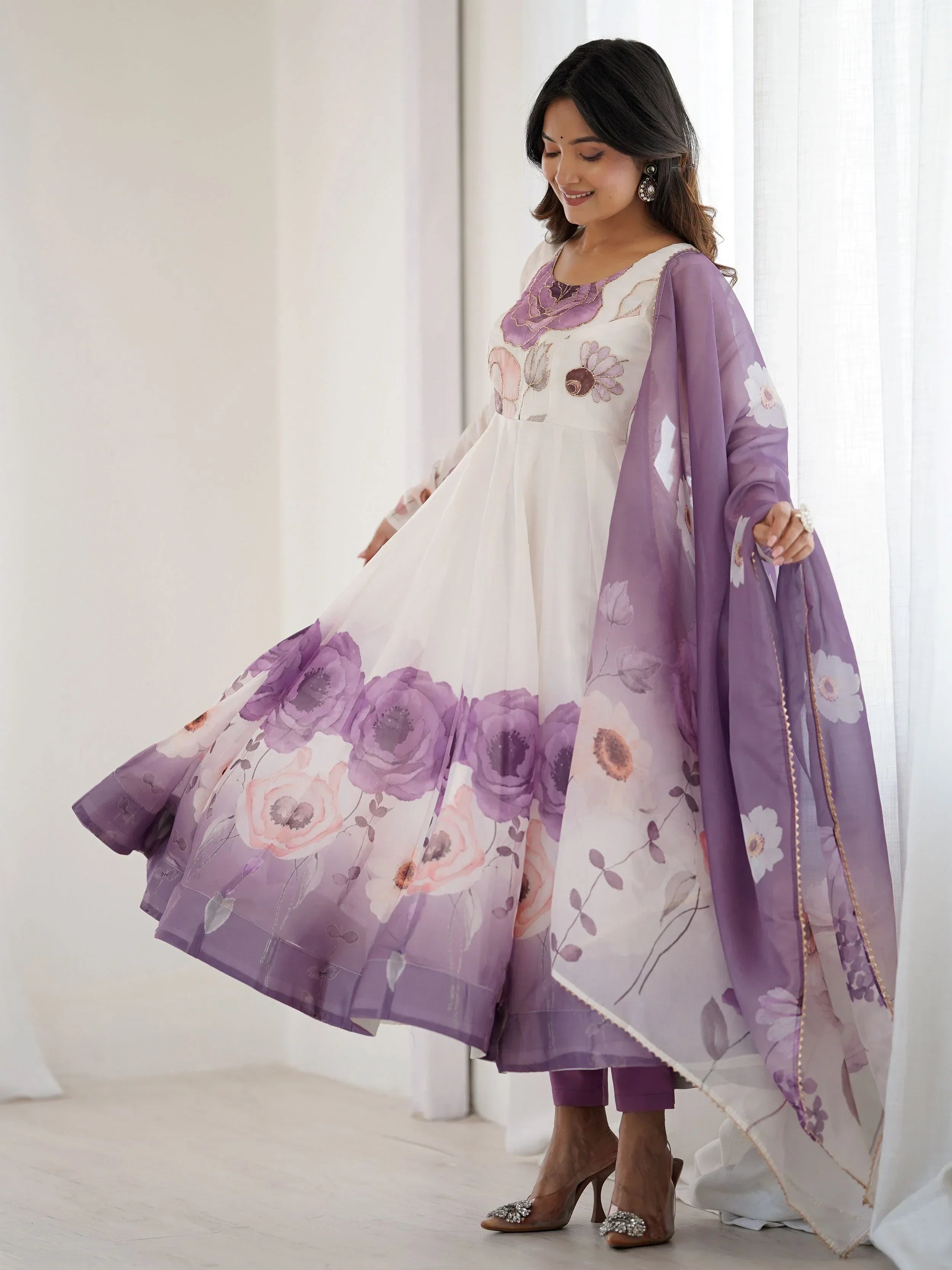 Purple Alluring Organza Floral Printed Festival Wear Anarkali Suit