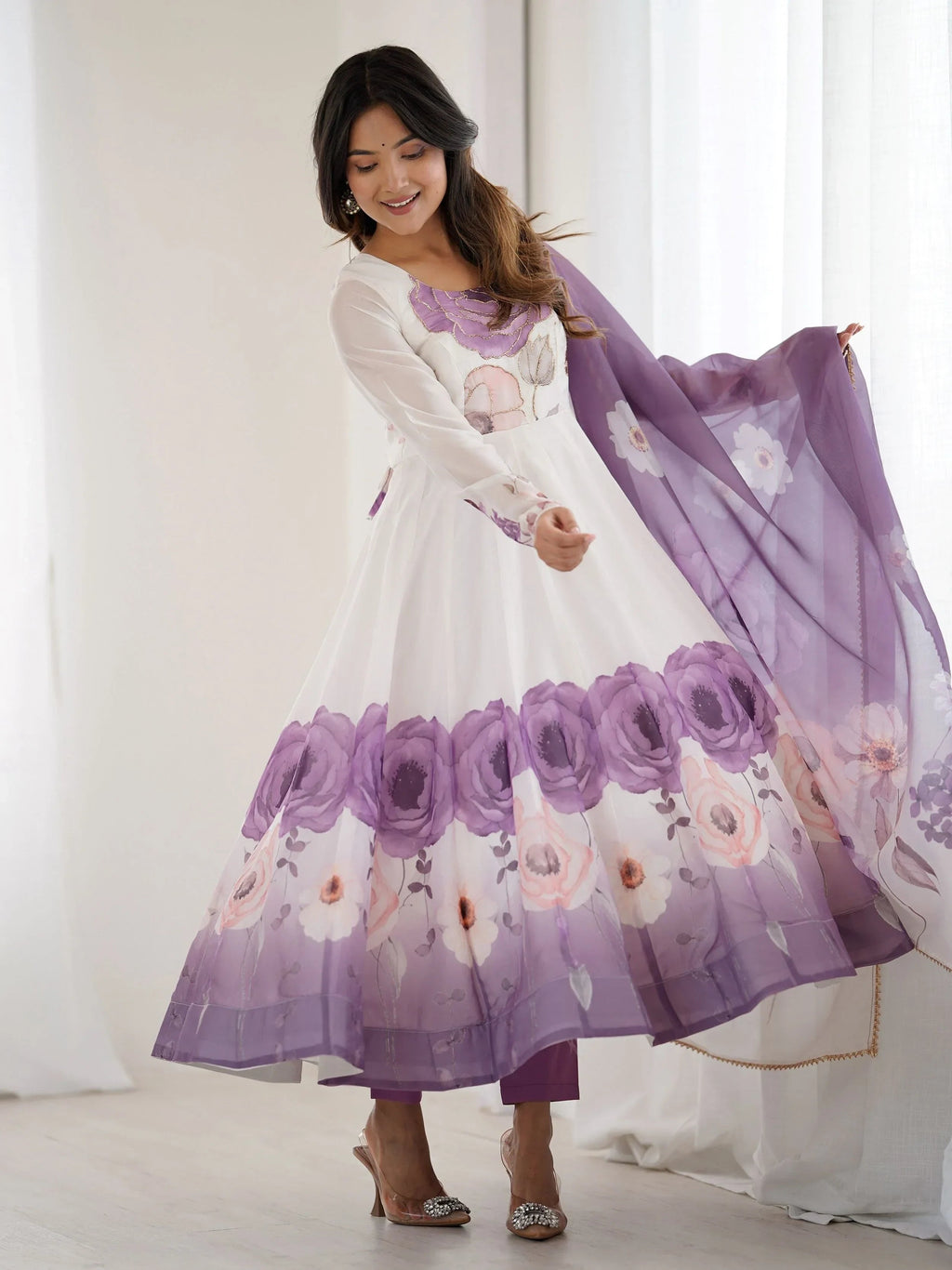Purple Alluring Organza Floral Printed Festival Wear Anarkali Suit