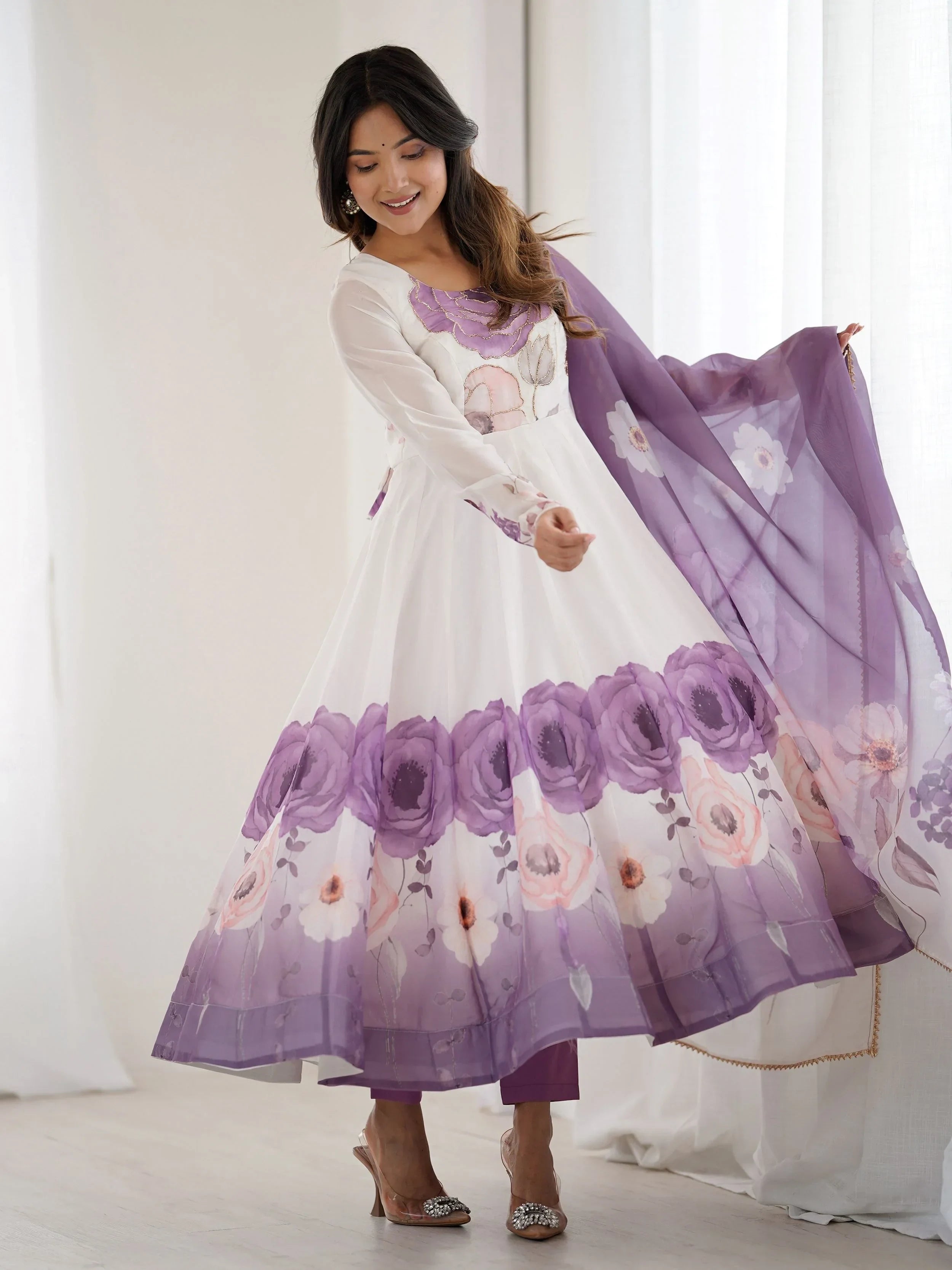 Purple Alluring Organza Floral Printed Festival Wear Anarkali Suit