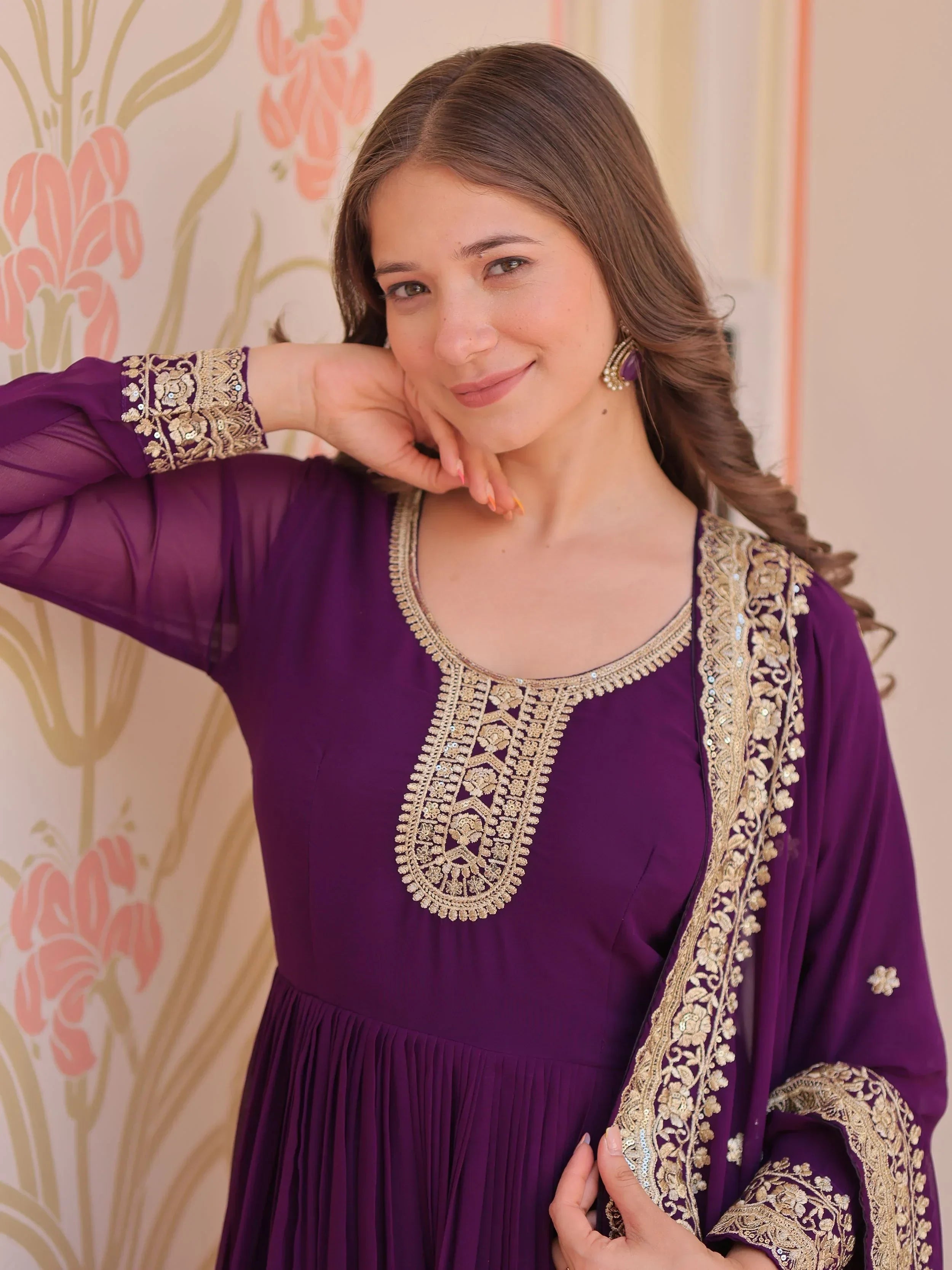 Purple Awesome Georgette Zari Embroidered Gown With Dupatta