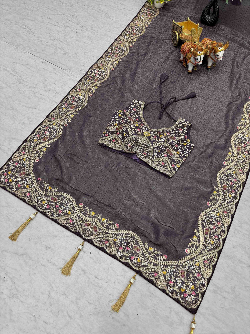Purple Classic Sequins Organza Festive Wear Saree With Blouse