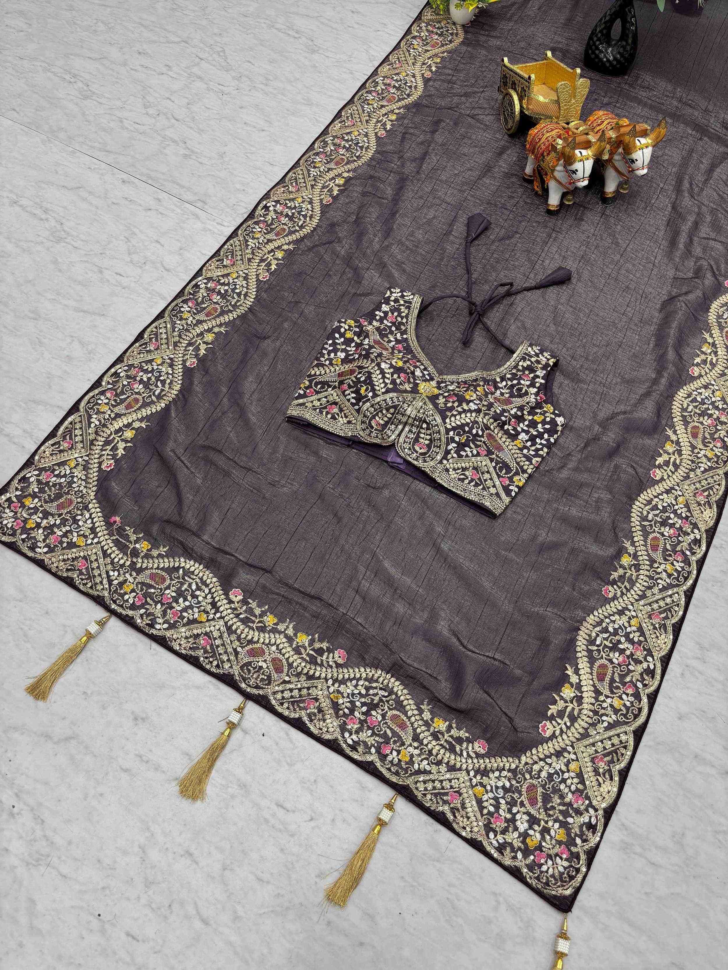 Purple Classic Sequins Organza Festive Wear Saree With Blouse