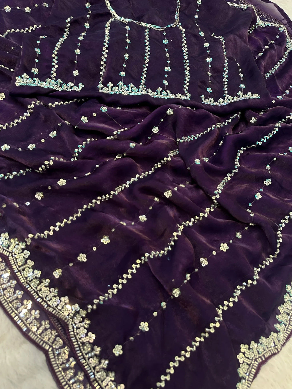 Purple Captivating Beads Work Satin Party Wear Saree With Blouse