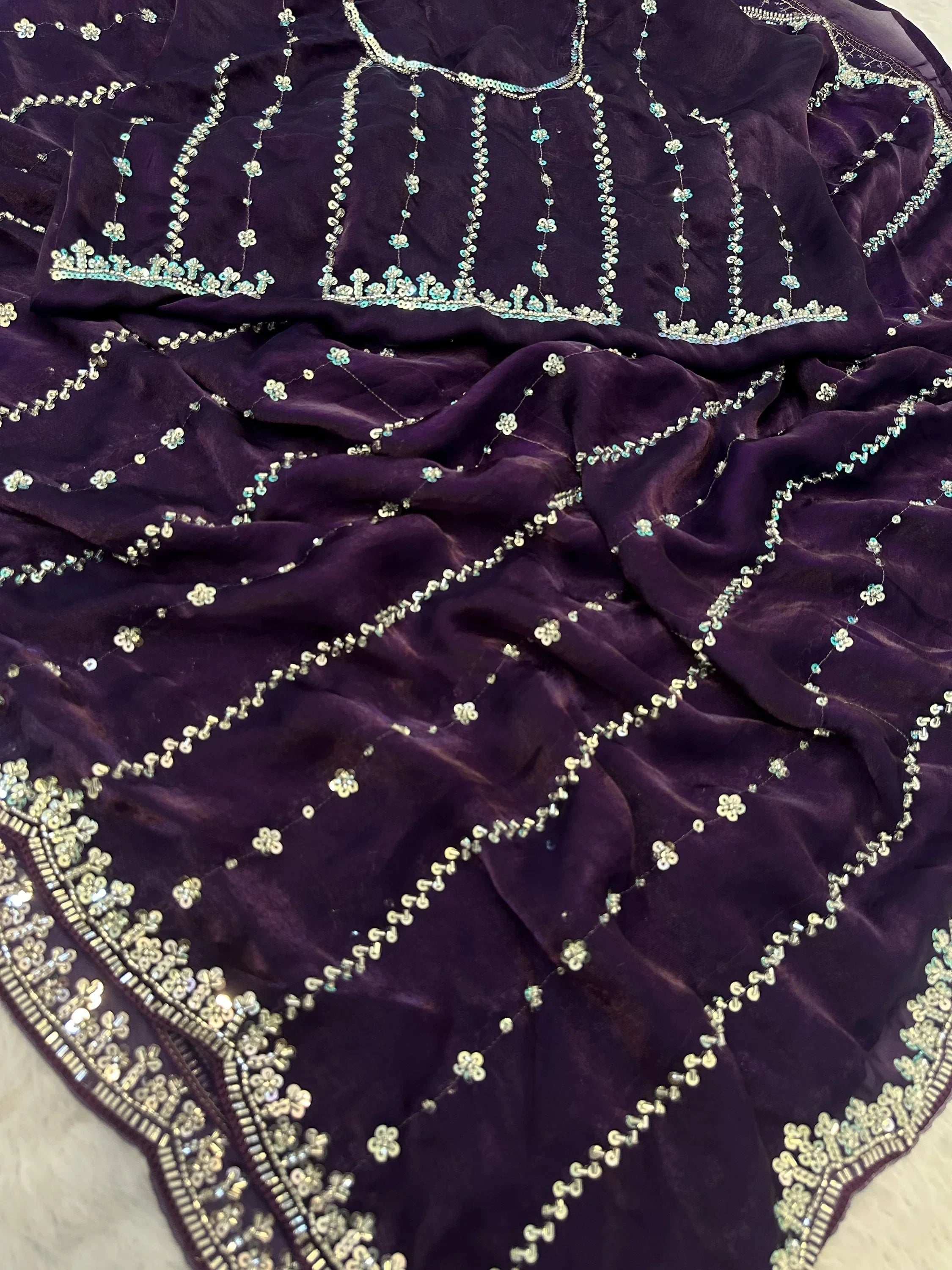 Purple Captivating Beads Work Satin Party Wear Saree With Blouse