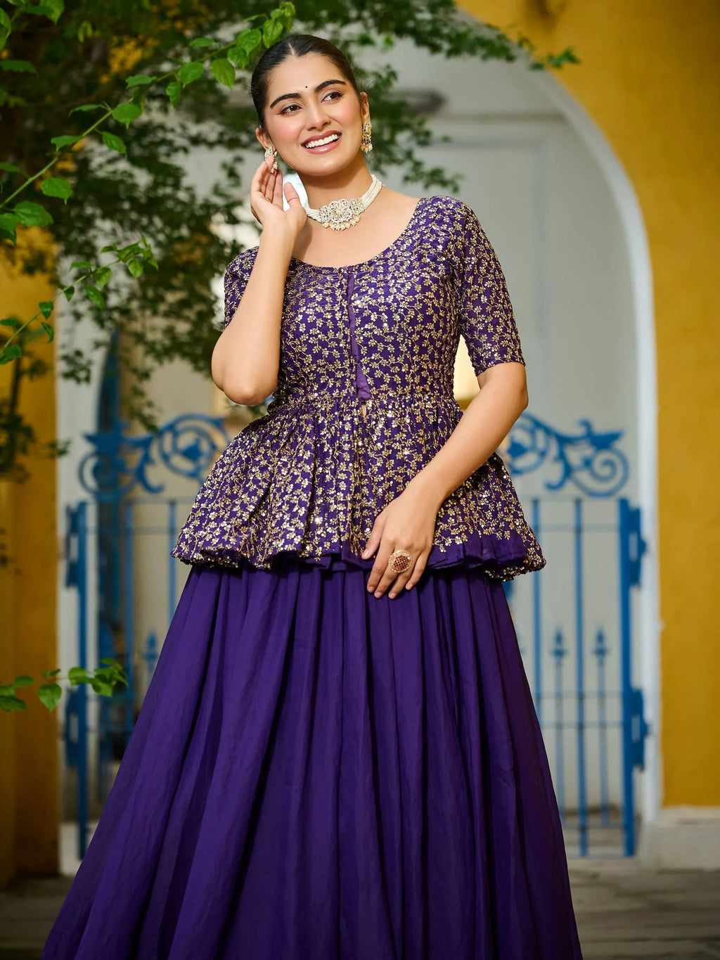 Purple Impressive Silk Function Wear Lehenga With Peplum Top