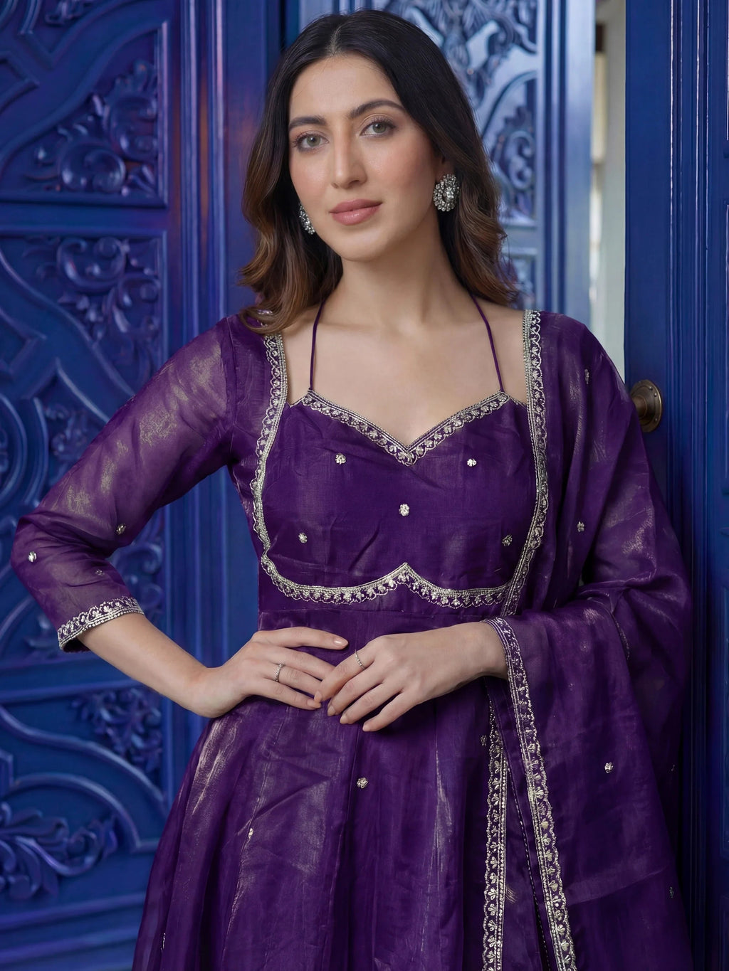 Purple Beautiful Sequins Silk Haldi Wear Anarkali Gown