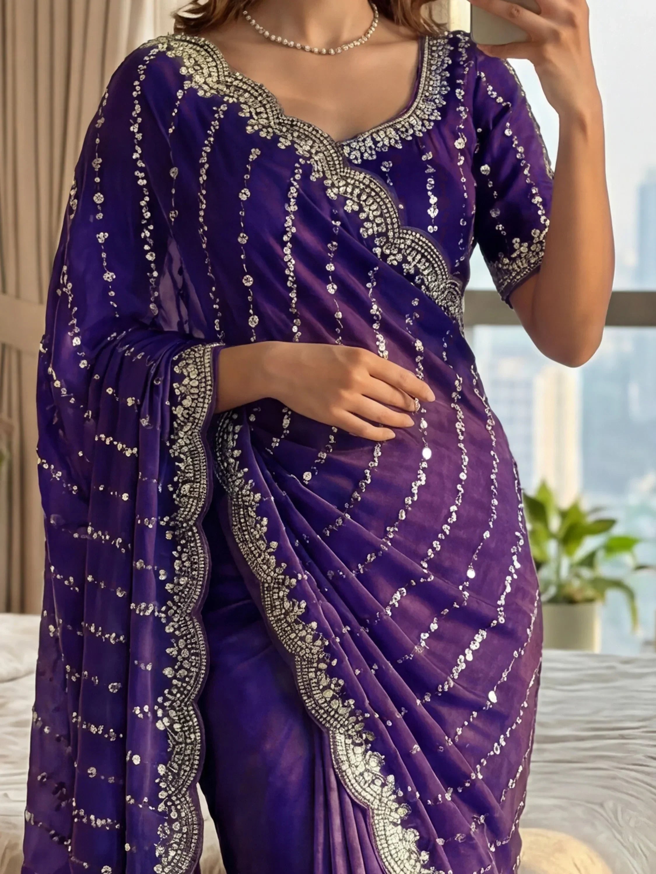 Purple Captivating Beads Work Satin Party Wear Saree With Blouse