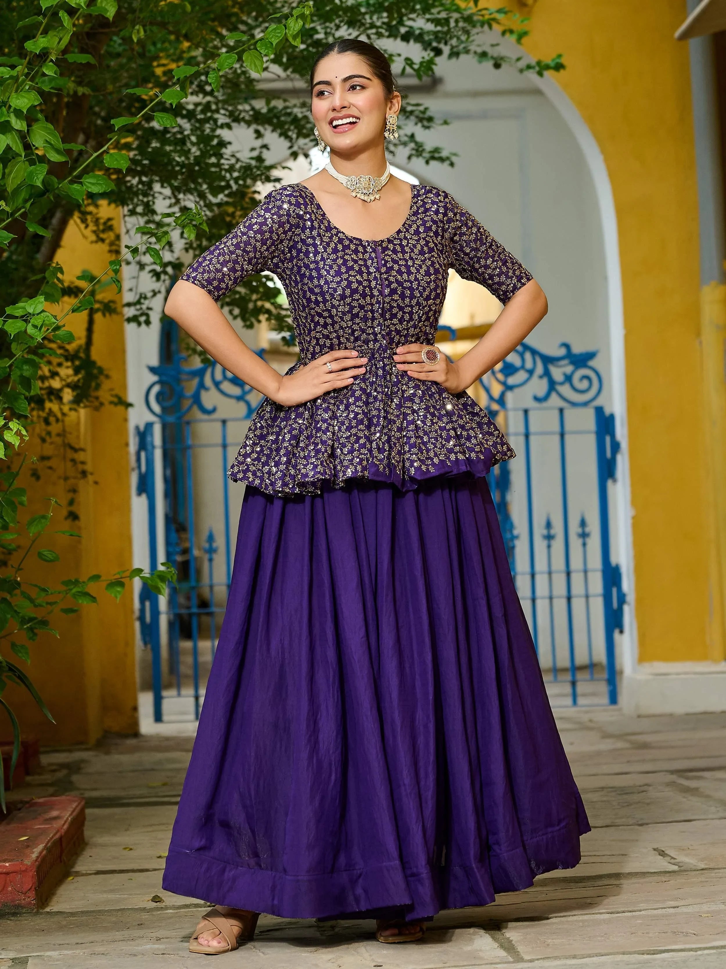 Purple Impressive Silk Function Wear Lehenga With Peplum Top