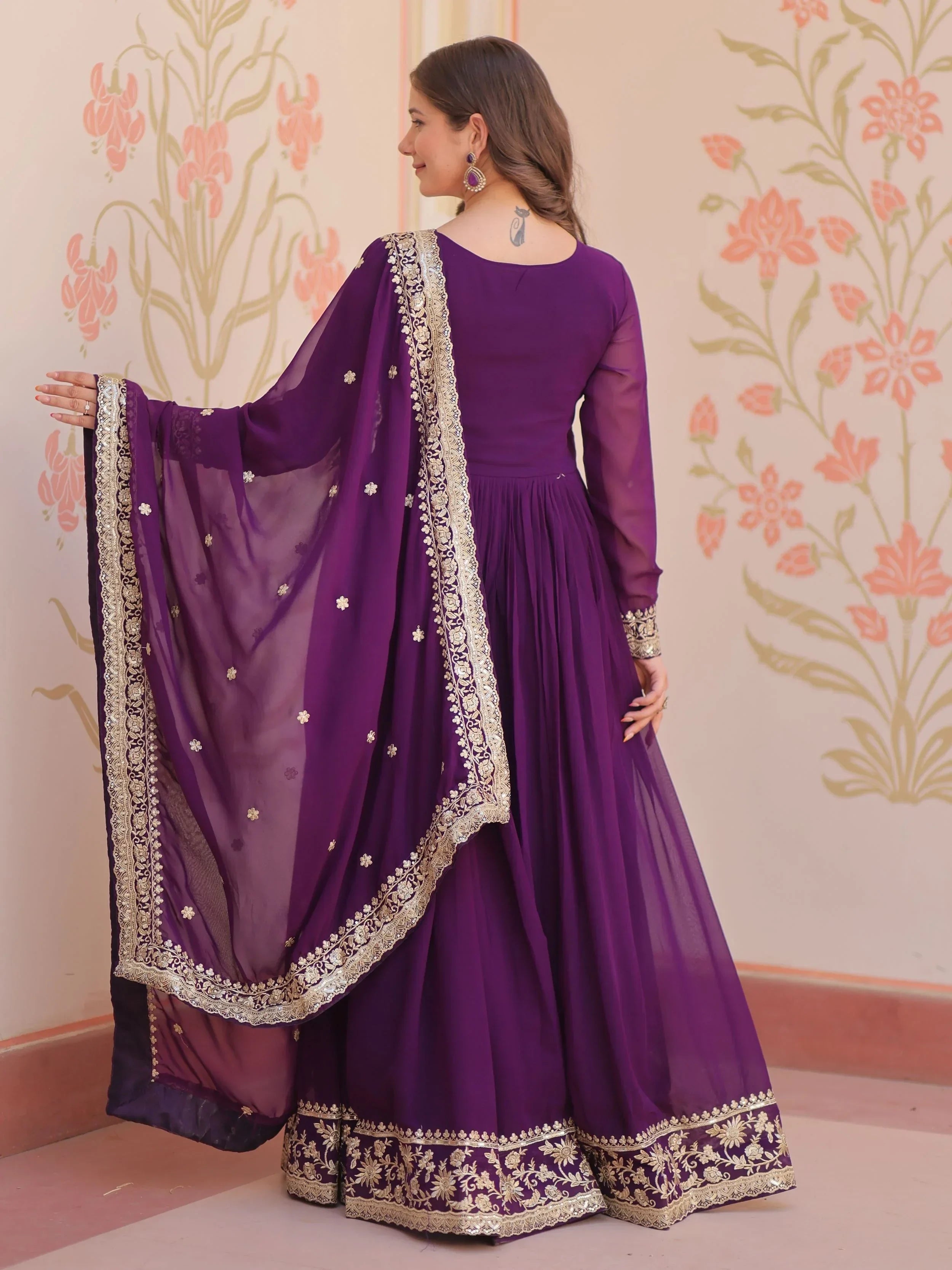 Purple Awesome Georgette Zari Embroidered Gown With Dupatta