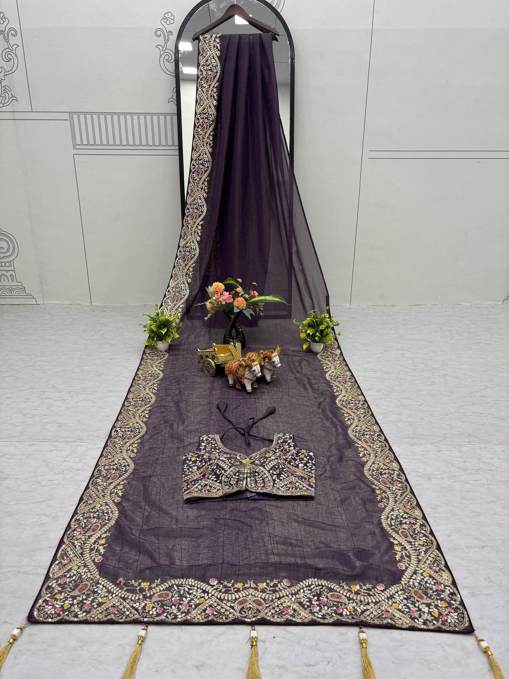 Purple Classic Sequins Organza Festive Wear Saree With Blouse