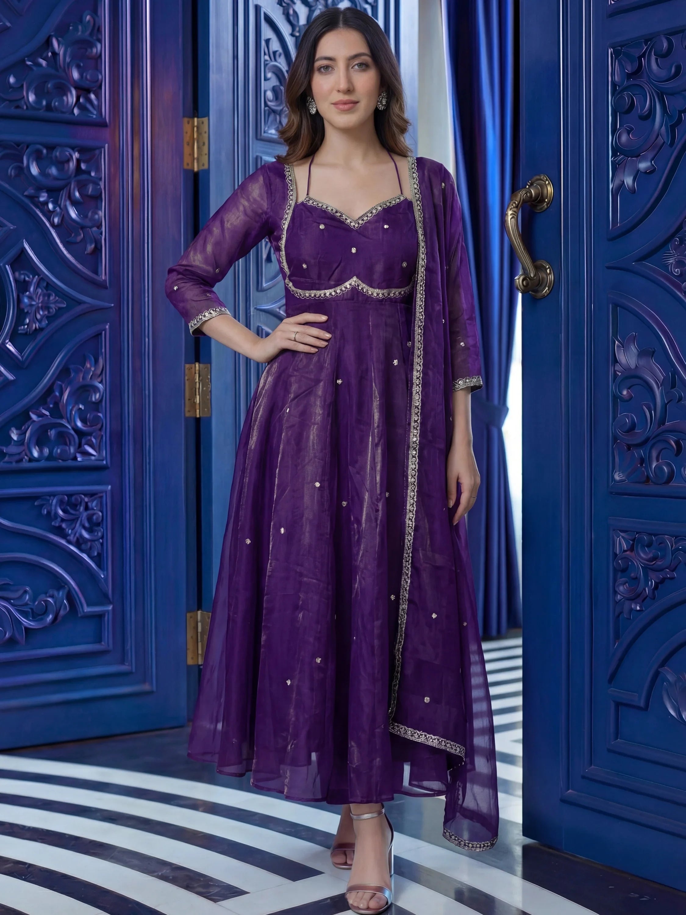 Purple Beautiful Sequins Silk Haldi Wear Anarkali Gown