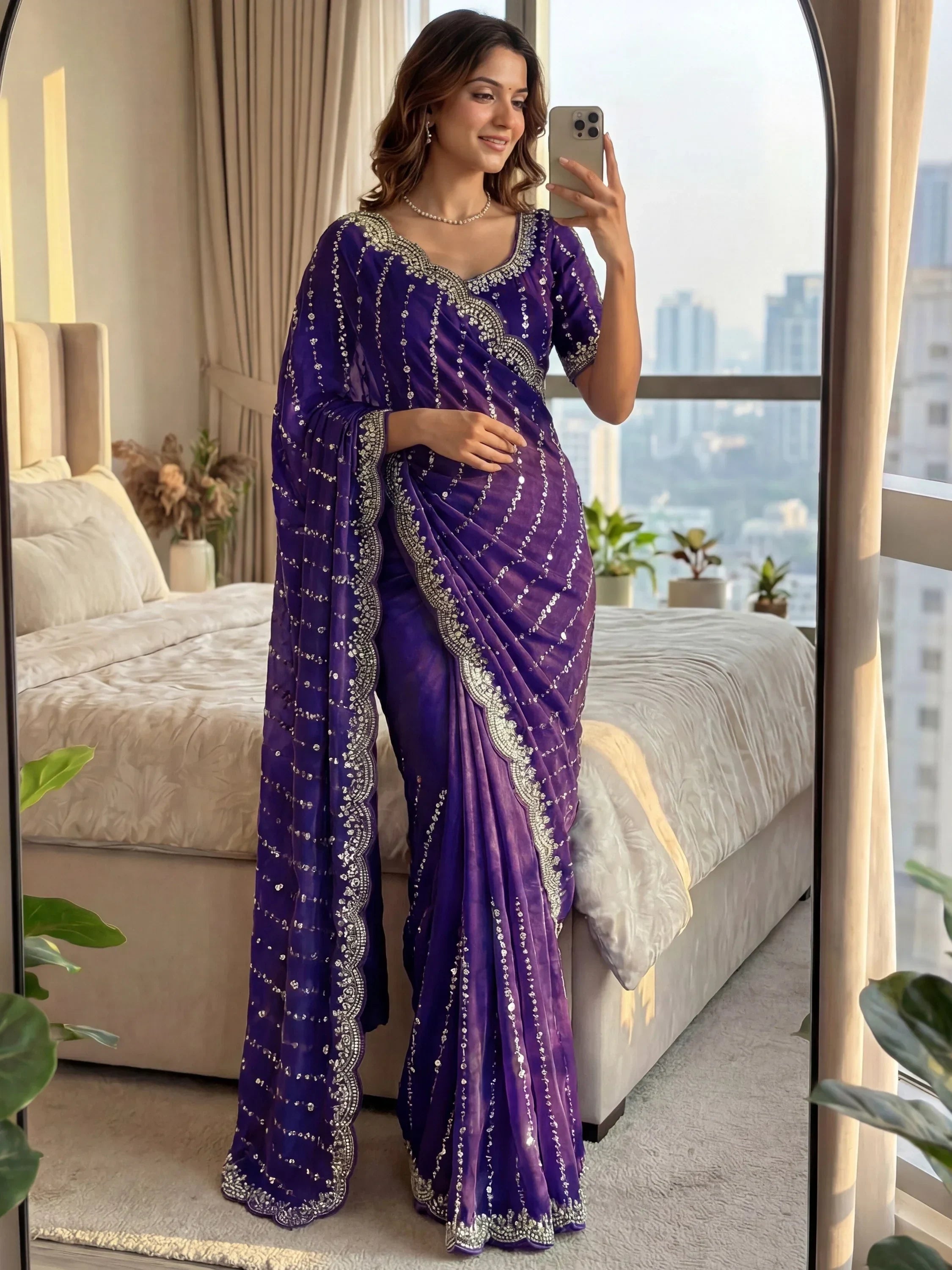 Purple Captivating Beads Work Satin Party Wear Saree With Blouse