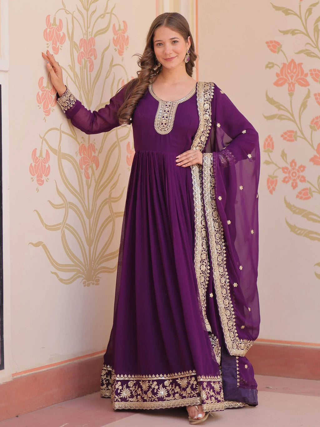 Purple Awesome Georgette Zari Embroidered Gown With Dupatta