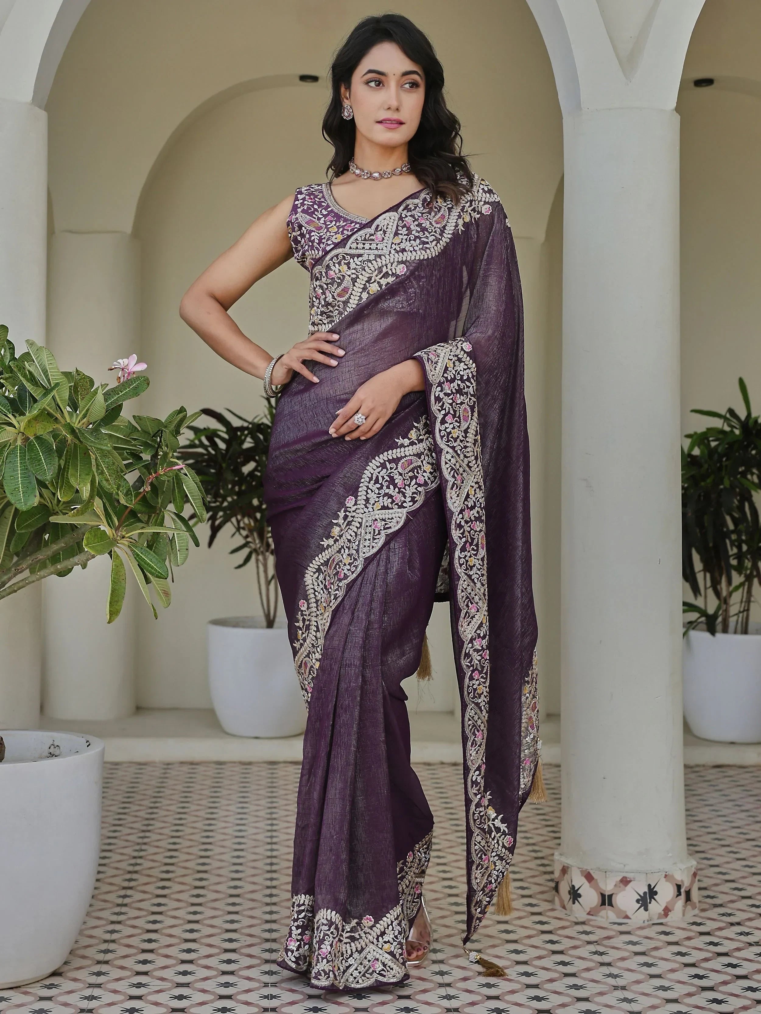 Purple Classic Sequins Organza Festive Wear Saree With Blouse