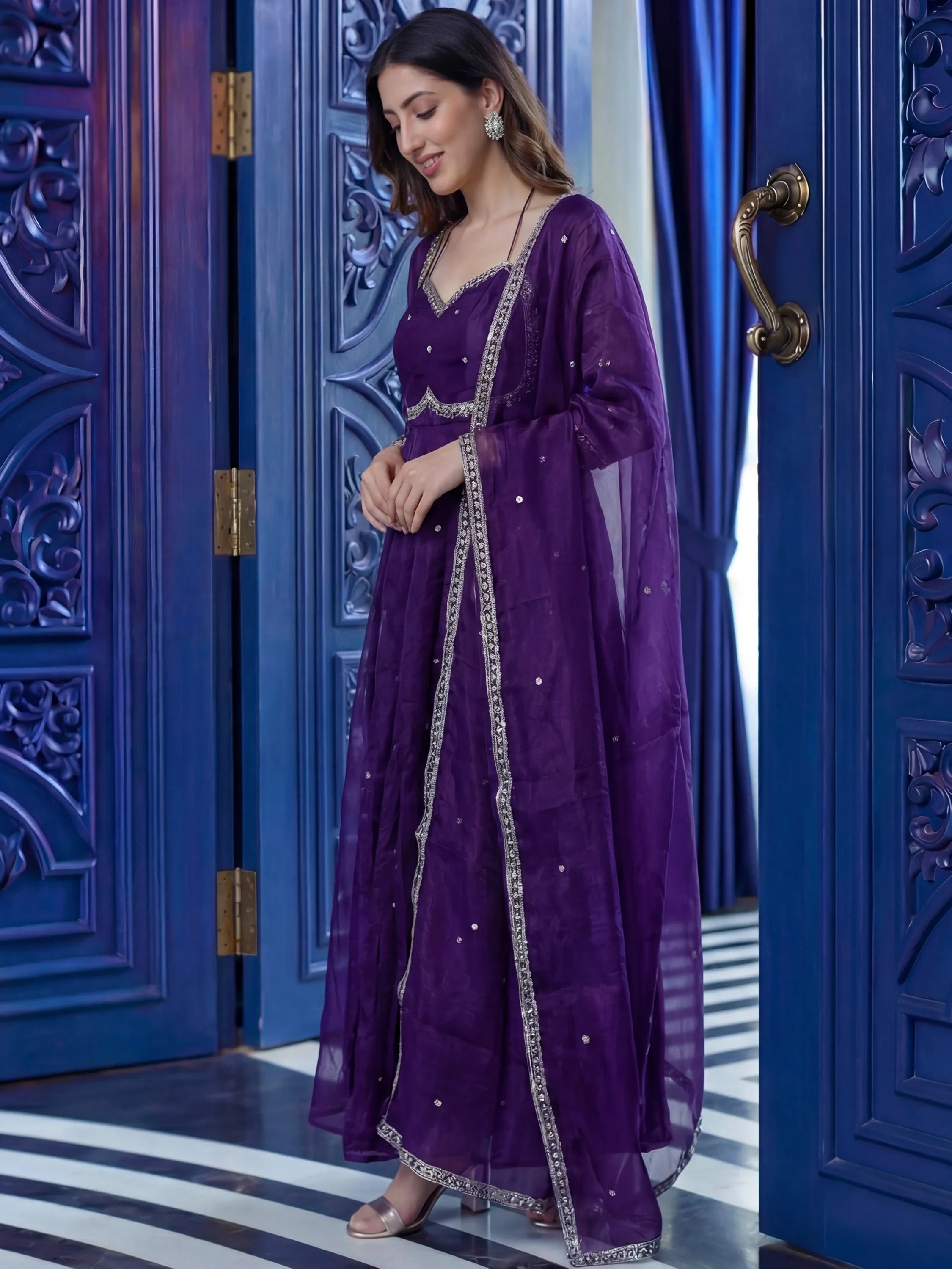 Purple Beautiful Sequins Silk Haldi Wear Anarkali Gown